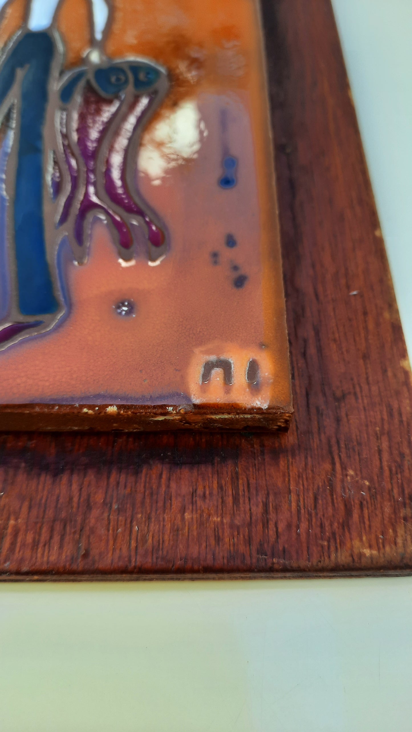 Vintage Mid-century Ceramic Tile Art Wood Mount