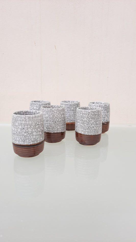 Vintage Set x6 Ceramic Crackle Glaze Japanese Cups
