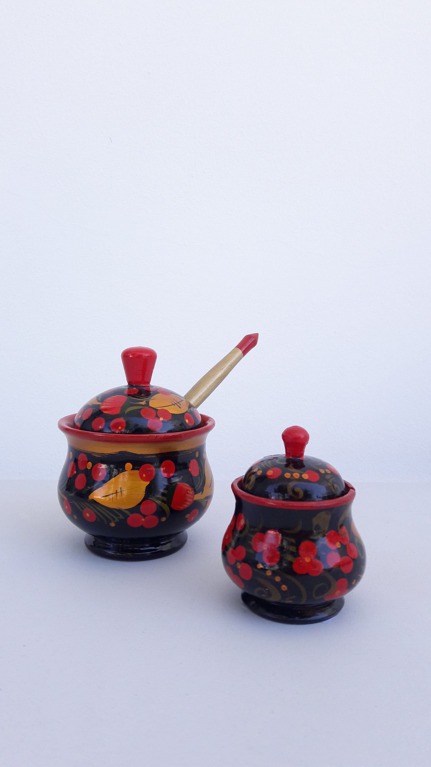 Vintage Set of Traditional Khokhloma Jars w/ Lid & Spoon