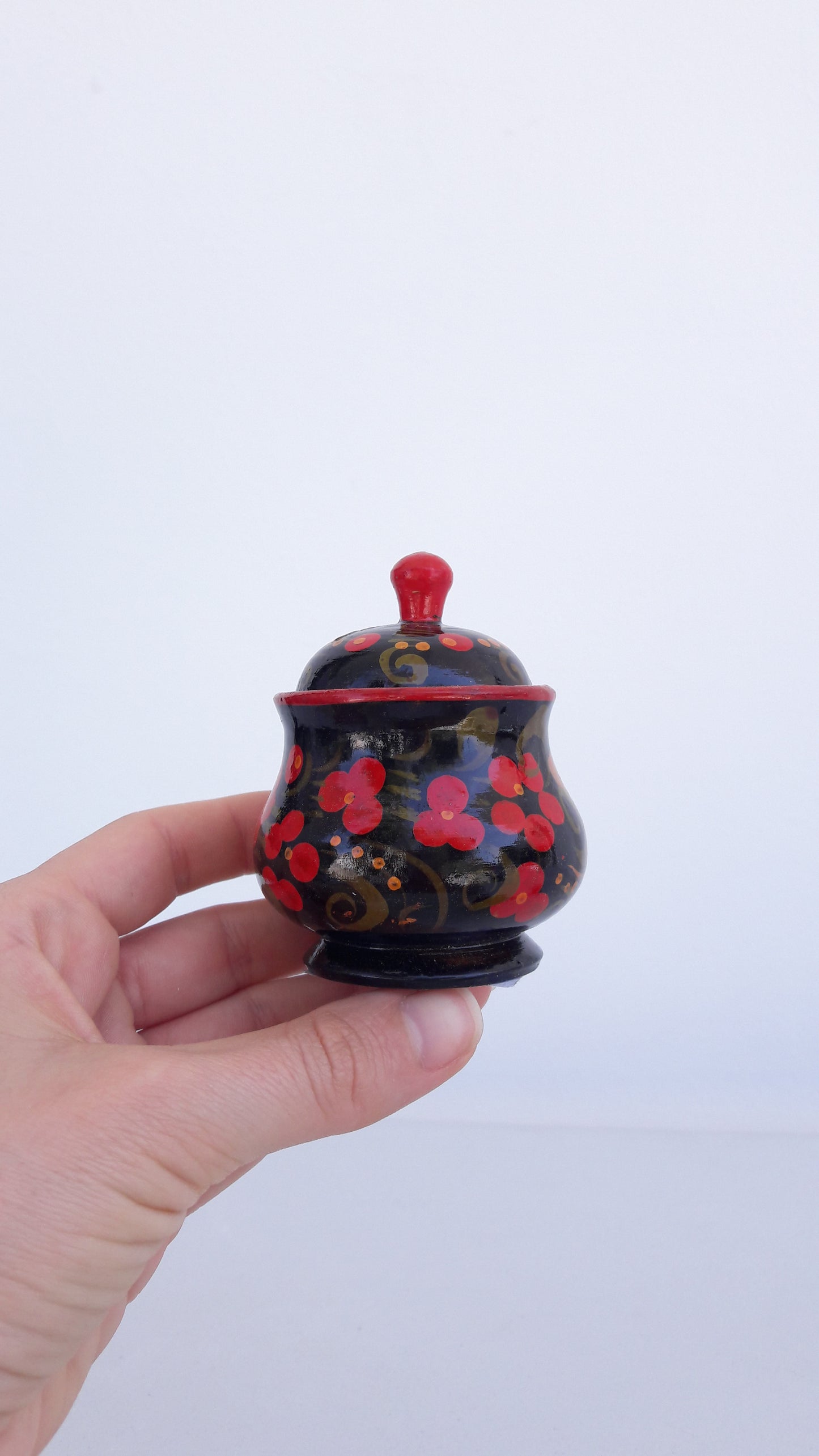 Vintage Set of Traditional Khokhloma Jars w/ Lid & Spoon