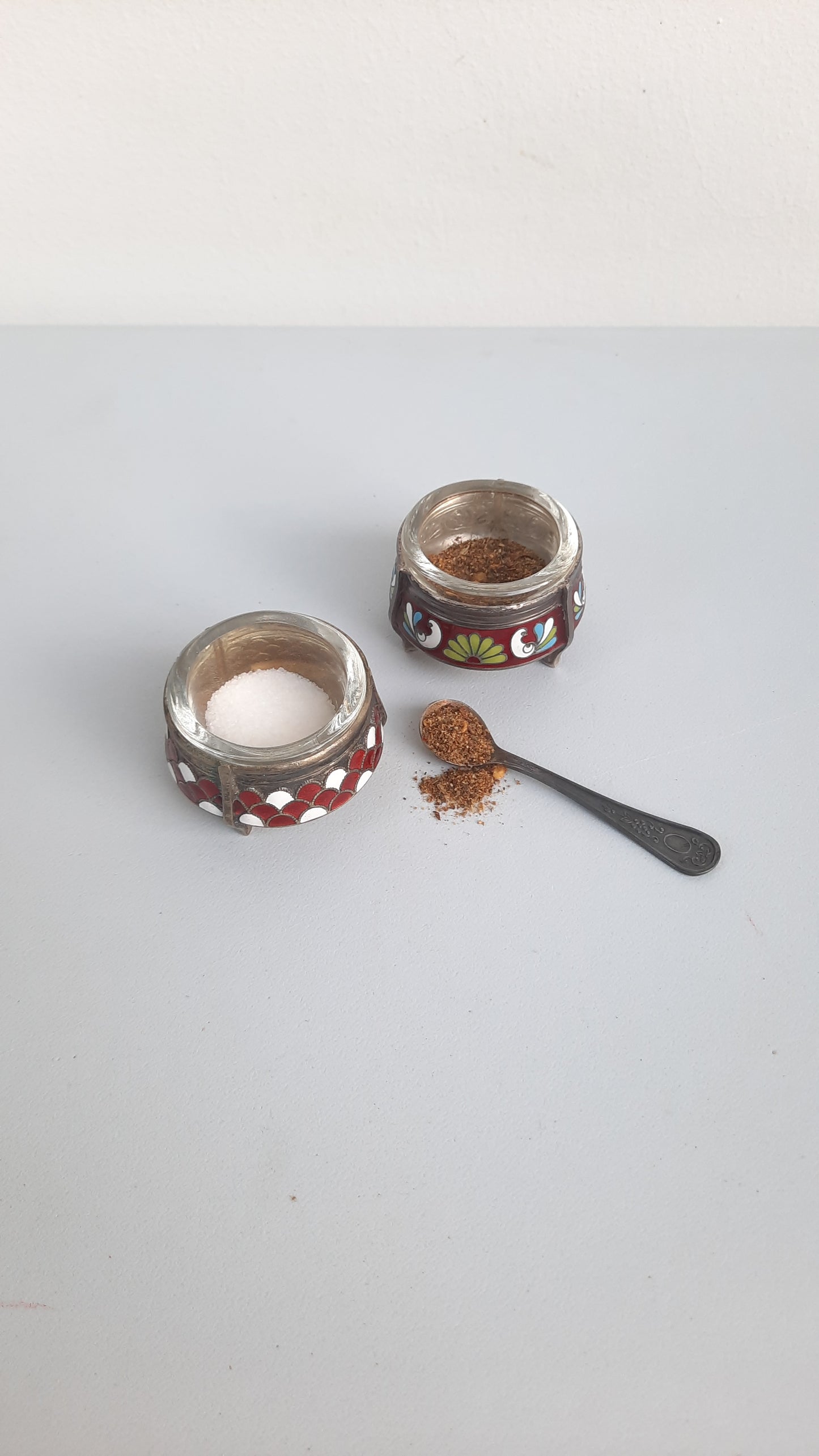 Set of Russian Enamel Silver Plated Salt & Pepper or Spice Cellars