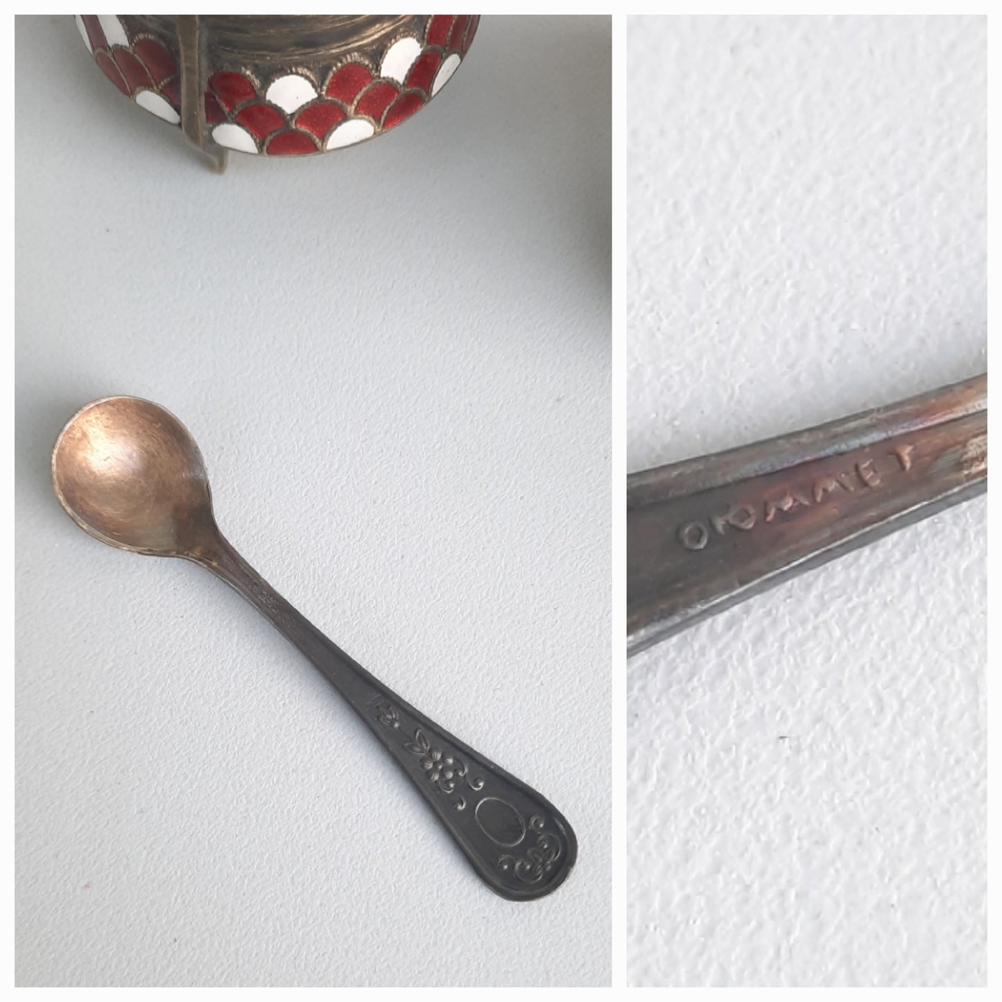 Set of Russian Enamel Silver Plated Salt & Pepper or Spice Cellars