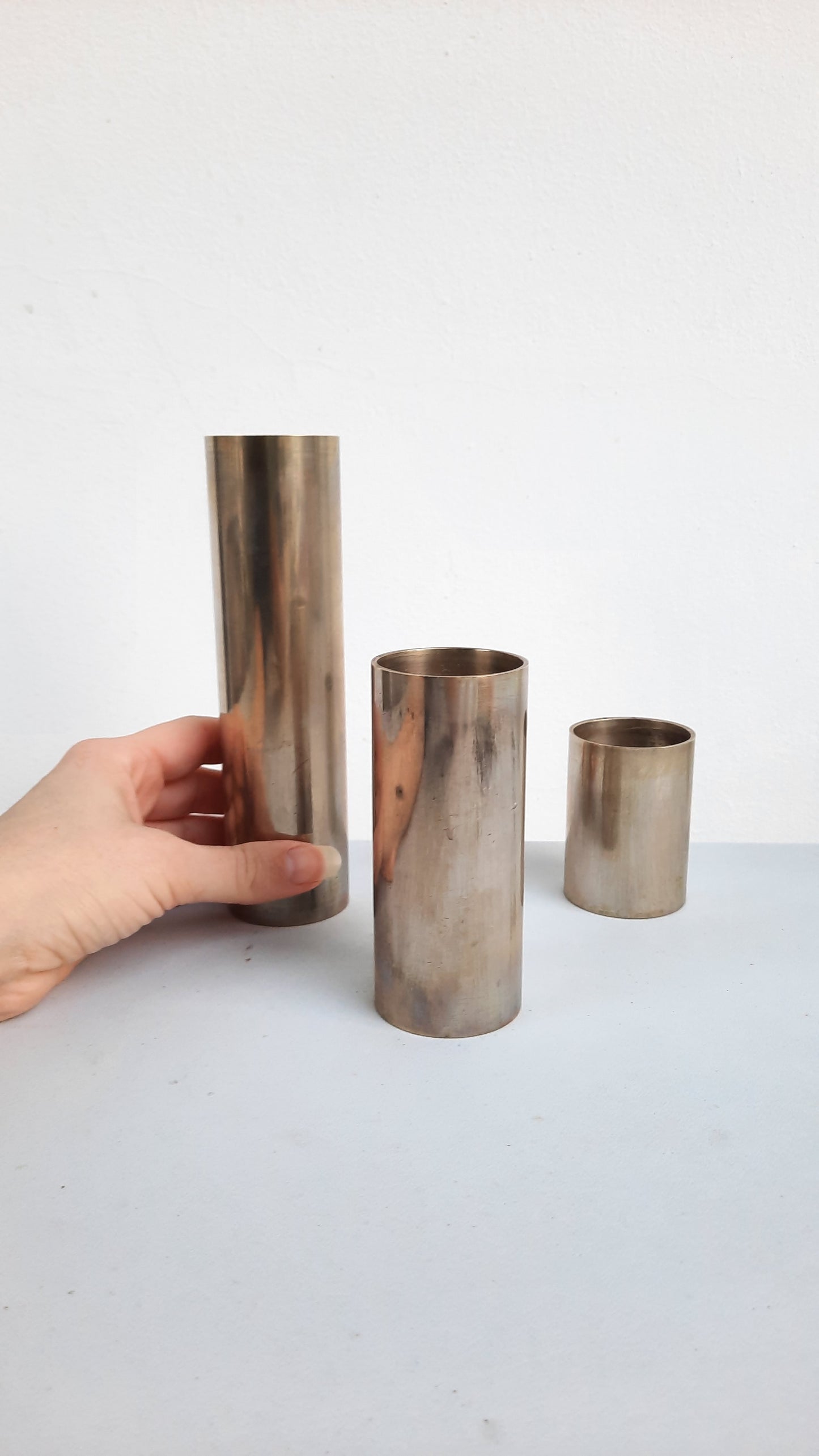 Set of 3 Mid-century Metal Cylinder Pillar Candleholders