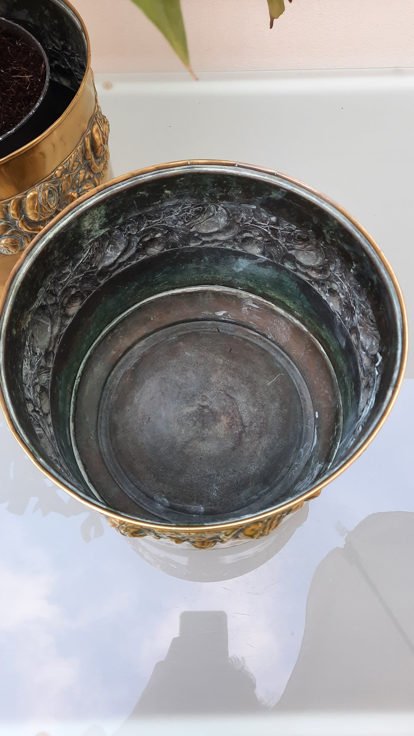 Large Brass Rose Embossed Planters