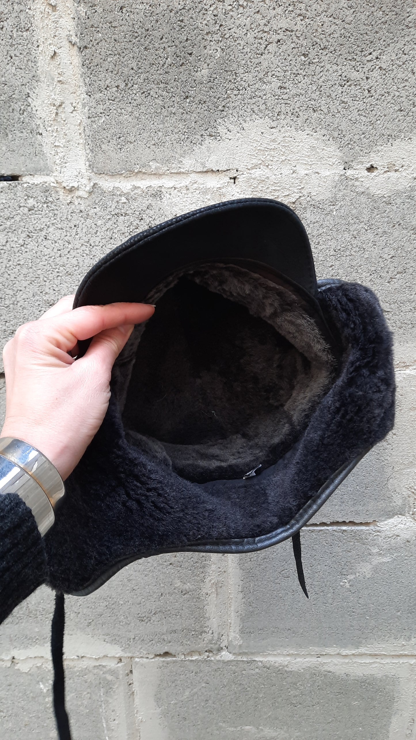 Vintage Black Leather Faux Fur Trapper Hat
