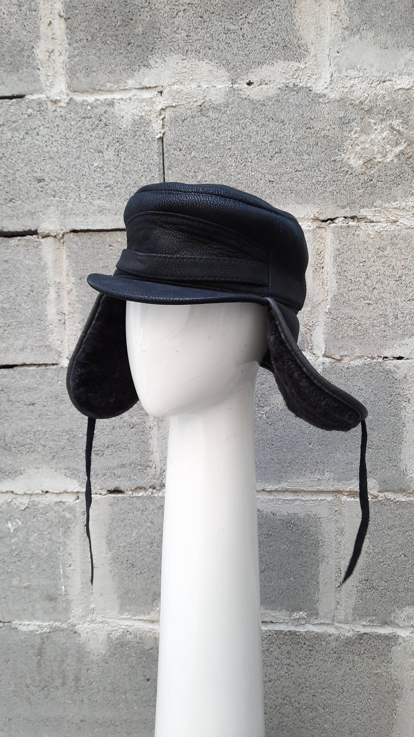 Vintage Black Leather Faux Fur Trapper Hat