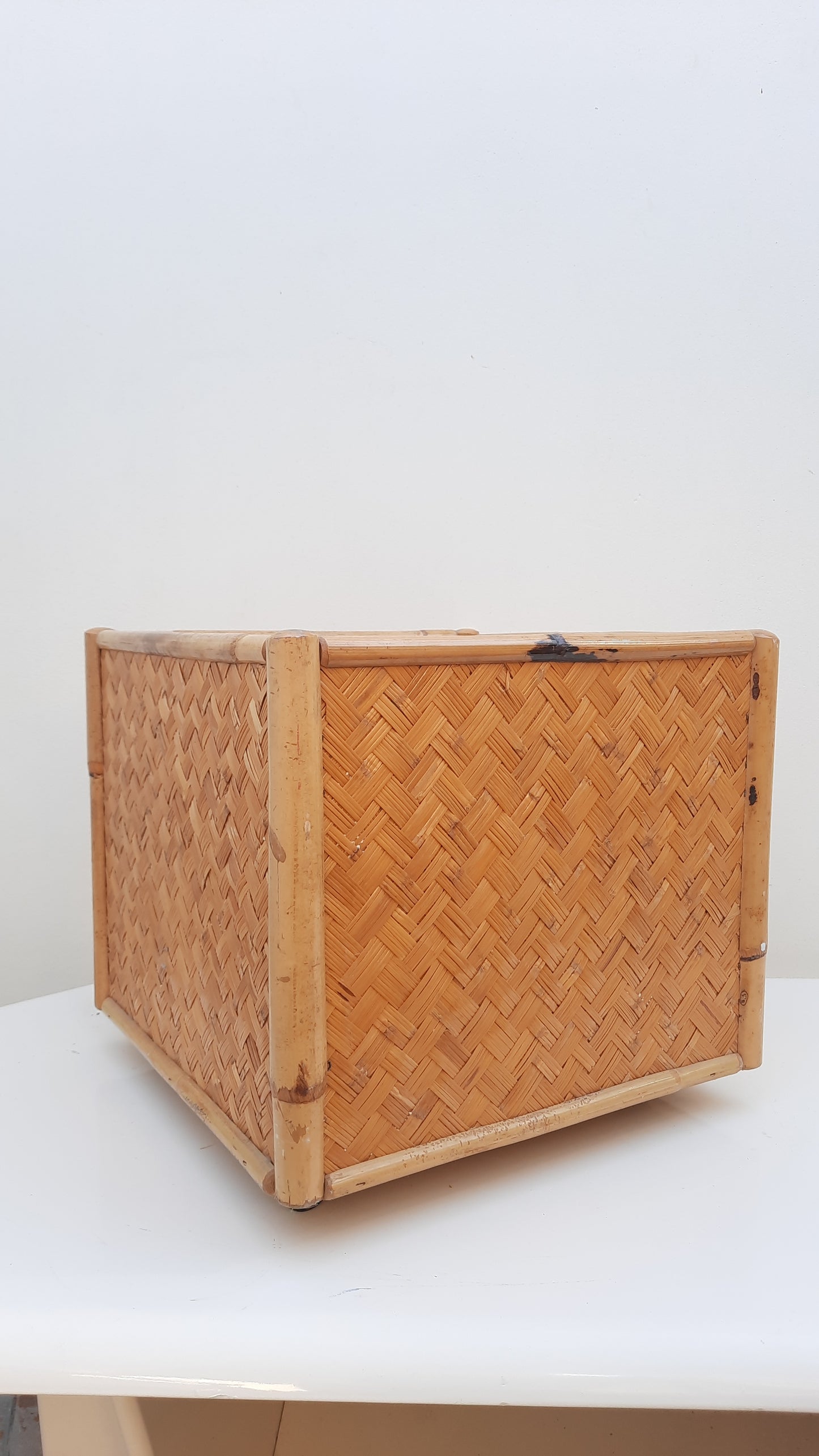Vintage Rattan & Bamboo Planter or Storage Box On Wheels