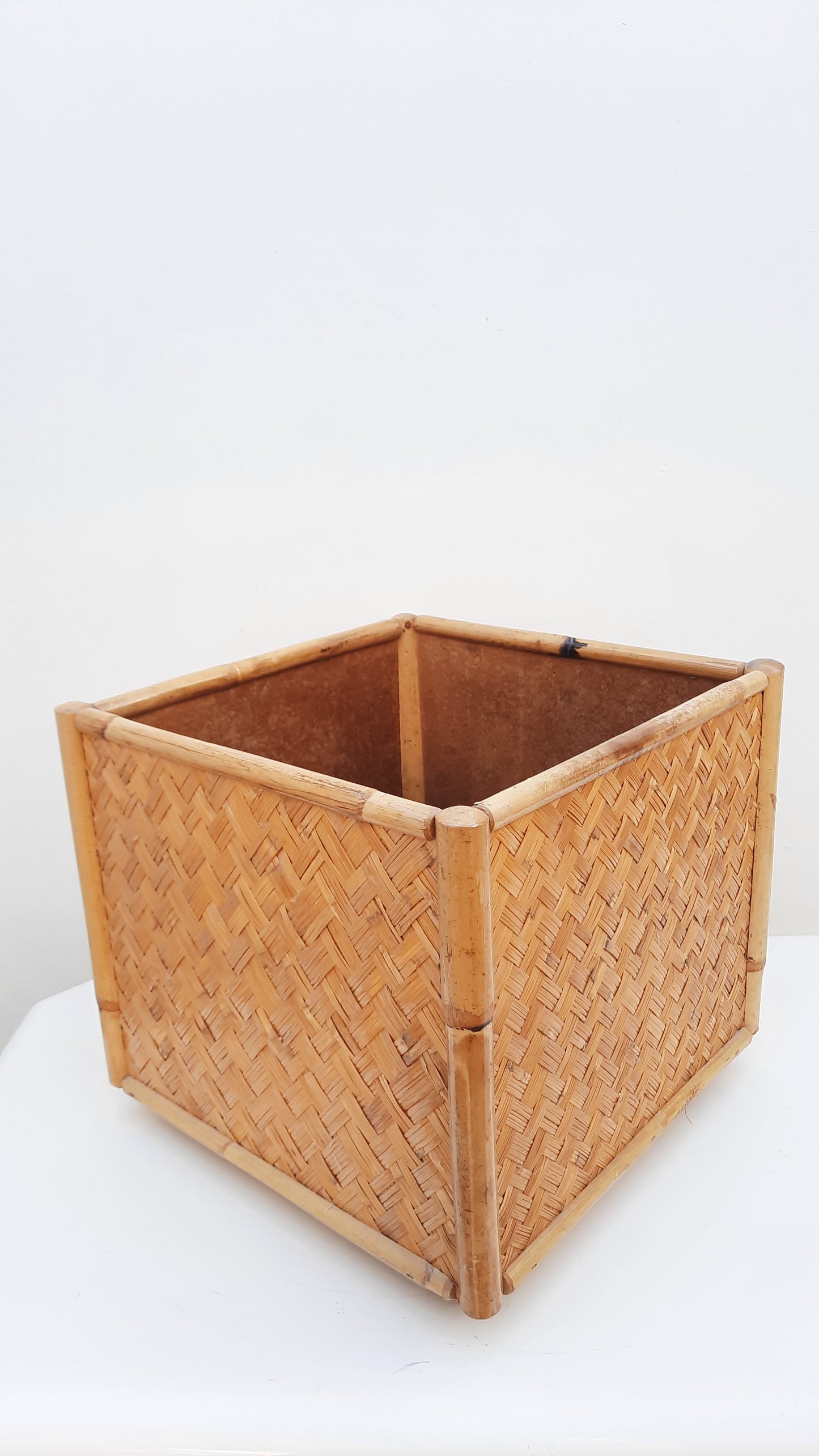 Vintage Rattan & Bamboo Planter or Storage Box On Wheels