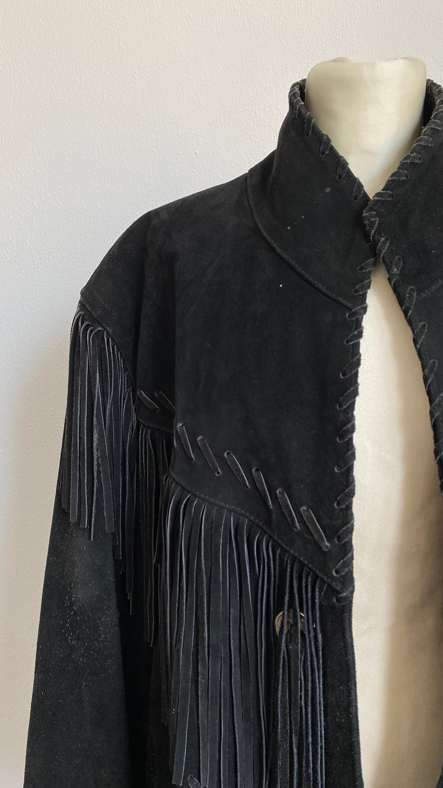 Vintage Black Suede Fringe Leather Jacket Coat by Running Bear