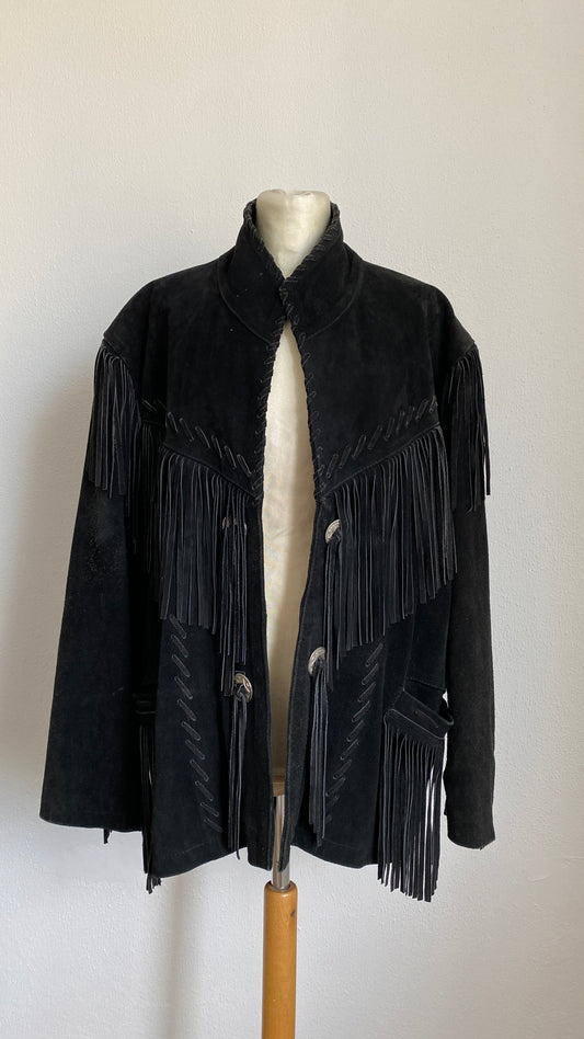 Vintage Black Suede Fringe Leather Jacket Coat by Running Bear