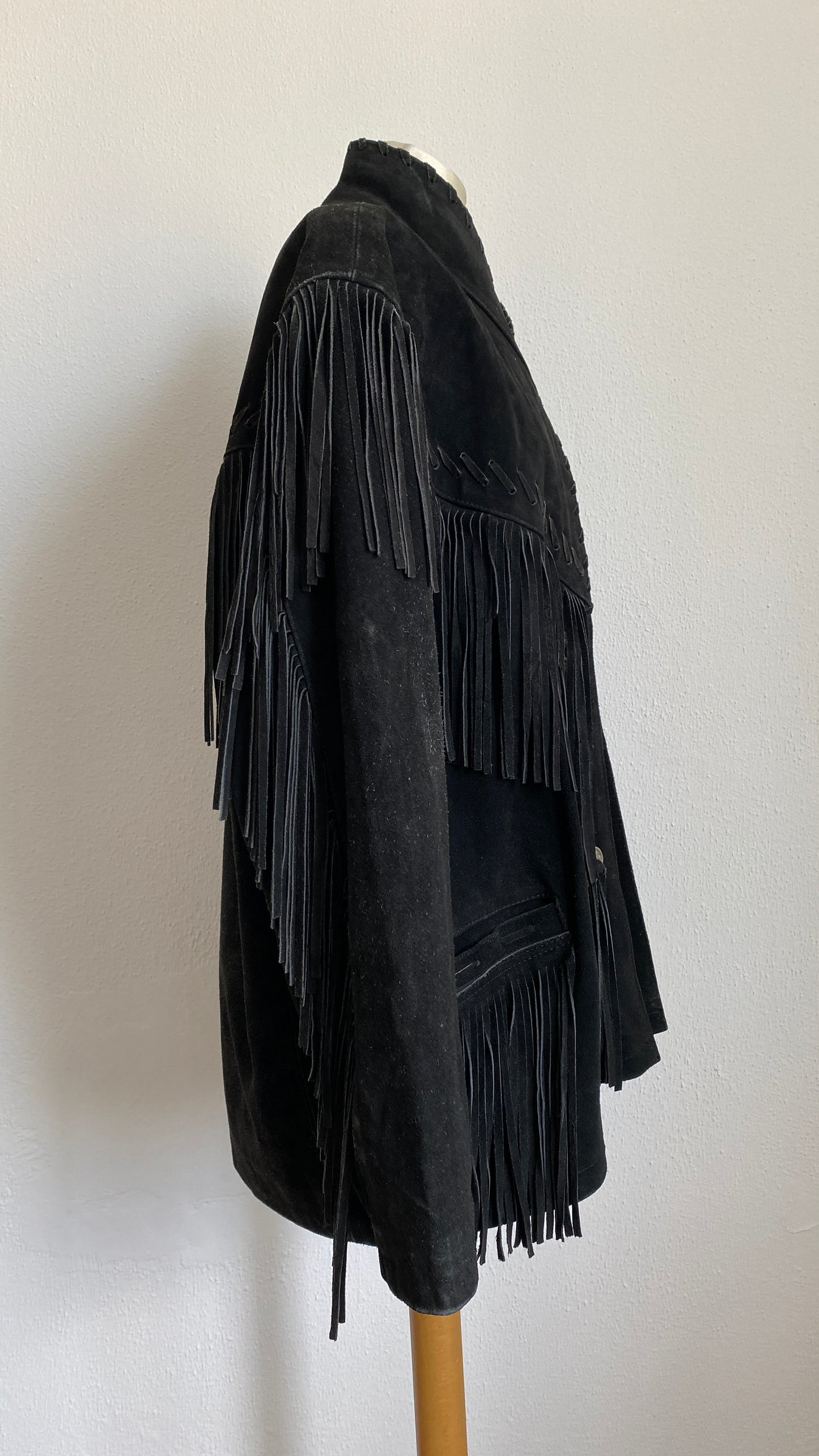 Vintage Black Suede Fringe Leather Jacket Coat by Running Bear