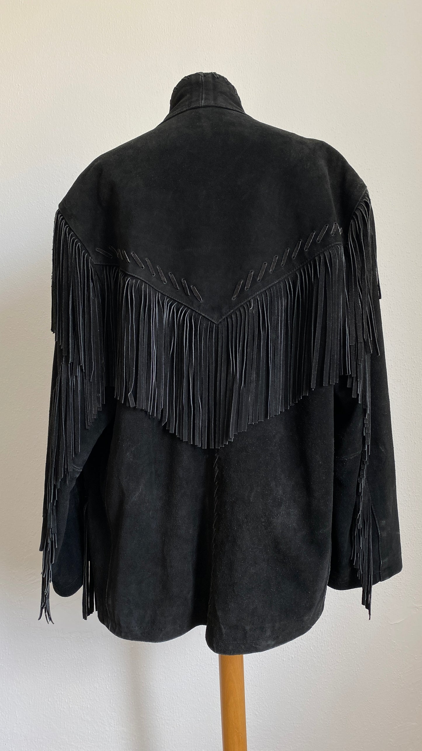 Vintage Black Suede Fringe Leather Jacket Coat by Running Bear