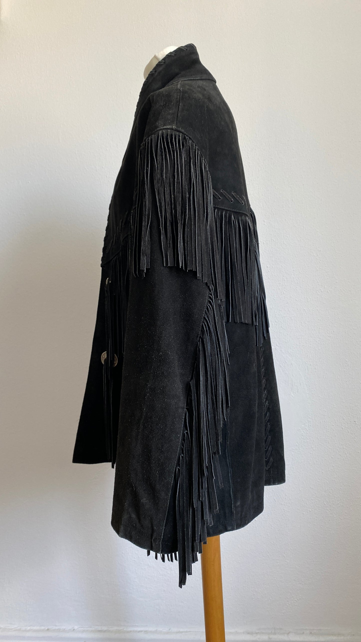 Vintage Black Suede Fringe Leather Jacket Coat by Running Bear