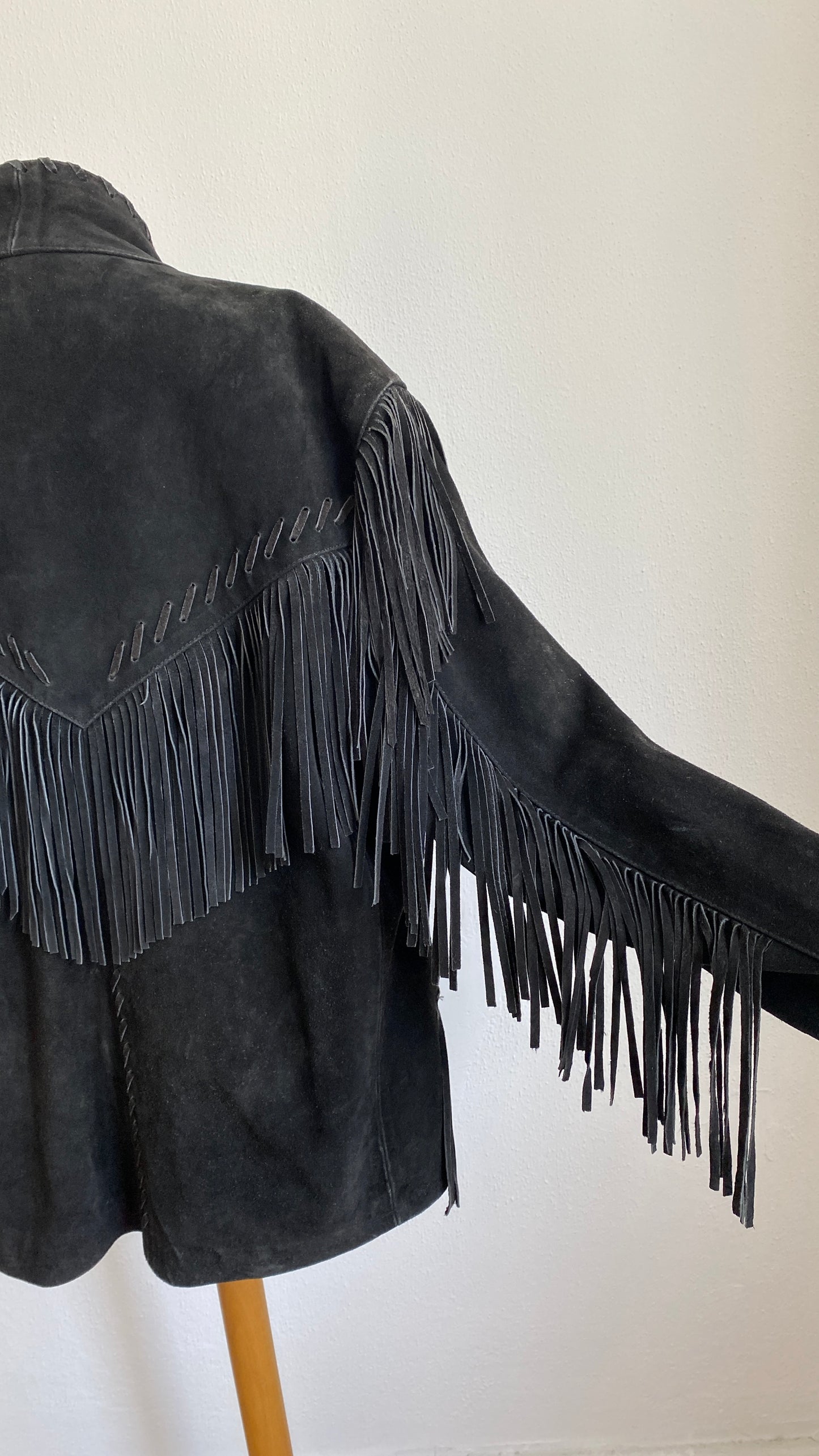 Vintage Black Suede Fringe Leather Jacket Coat by Running Bear