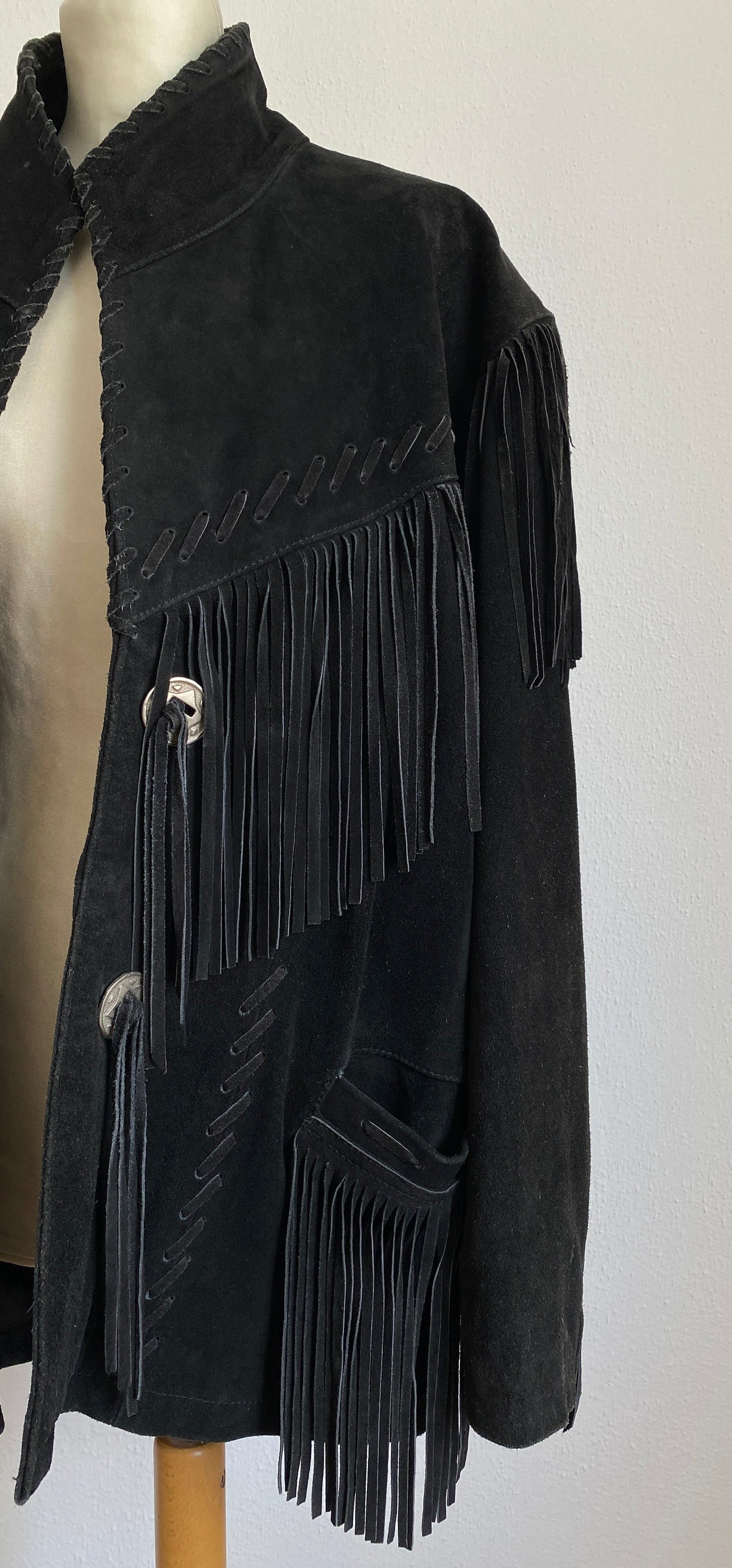 Vintage Black Suede Fringe Leather Jacket Coat by Running Bear