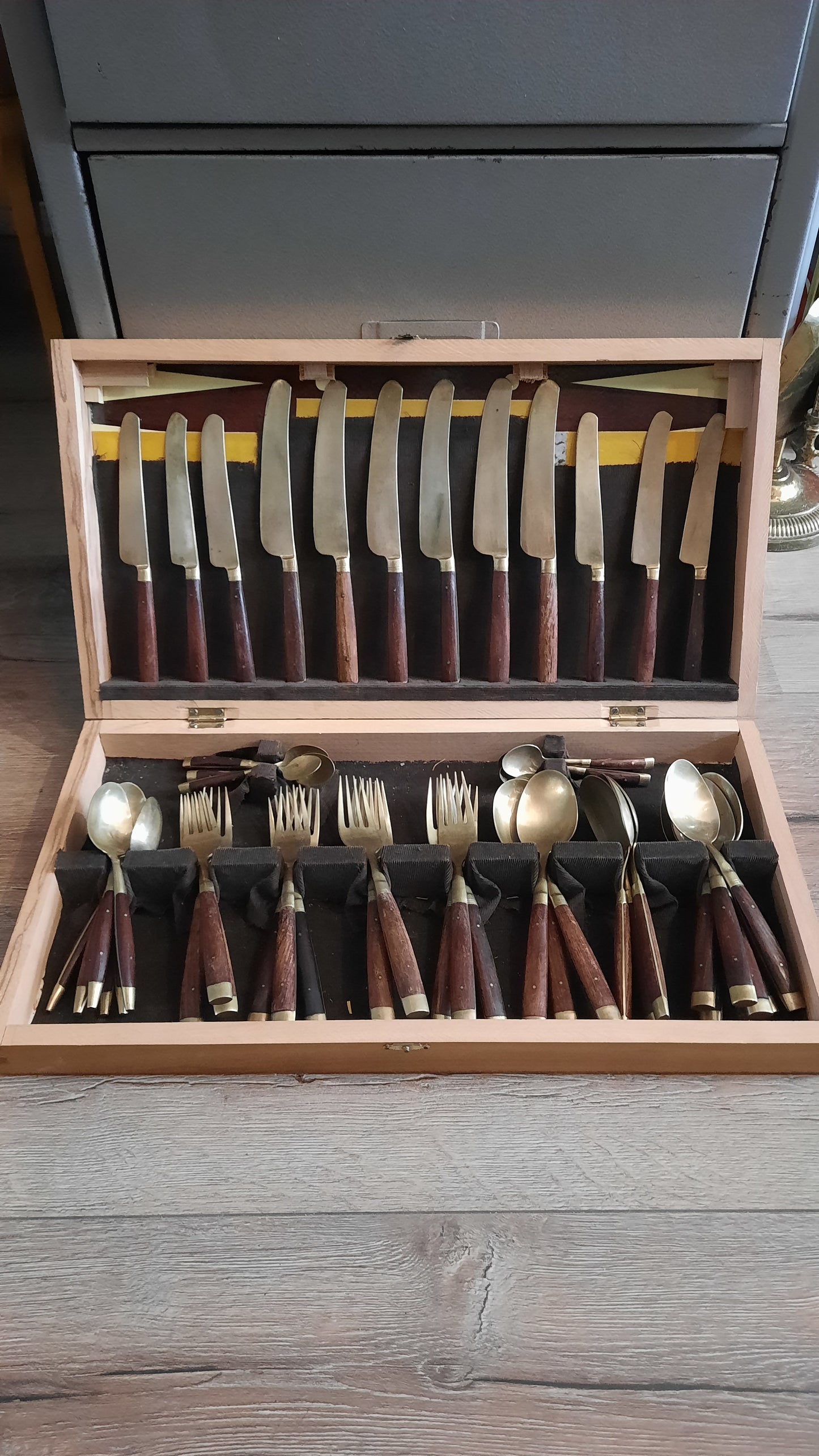 Mid-century Wood & Brass 48pc Cutlery Set