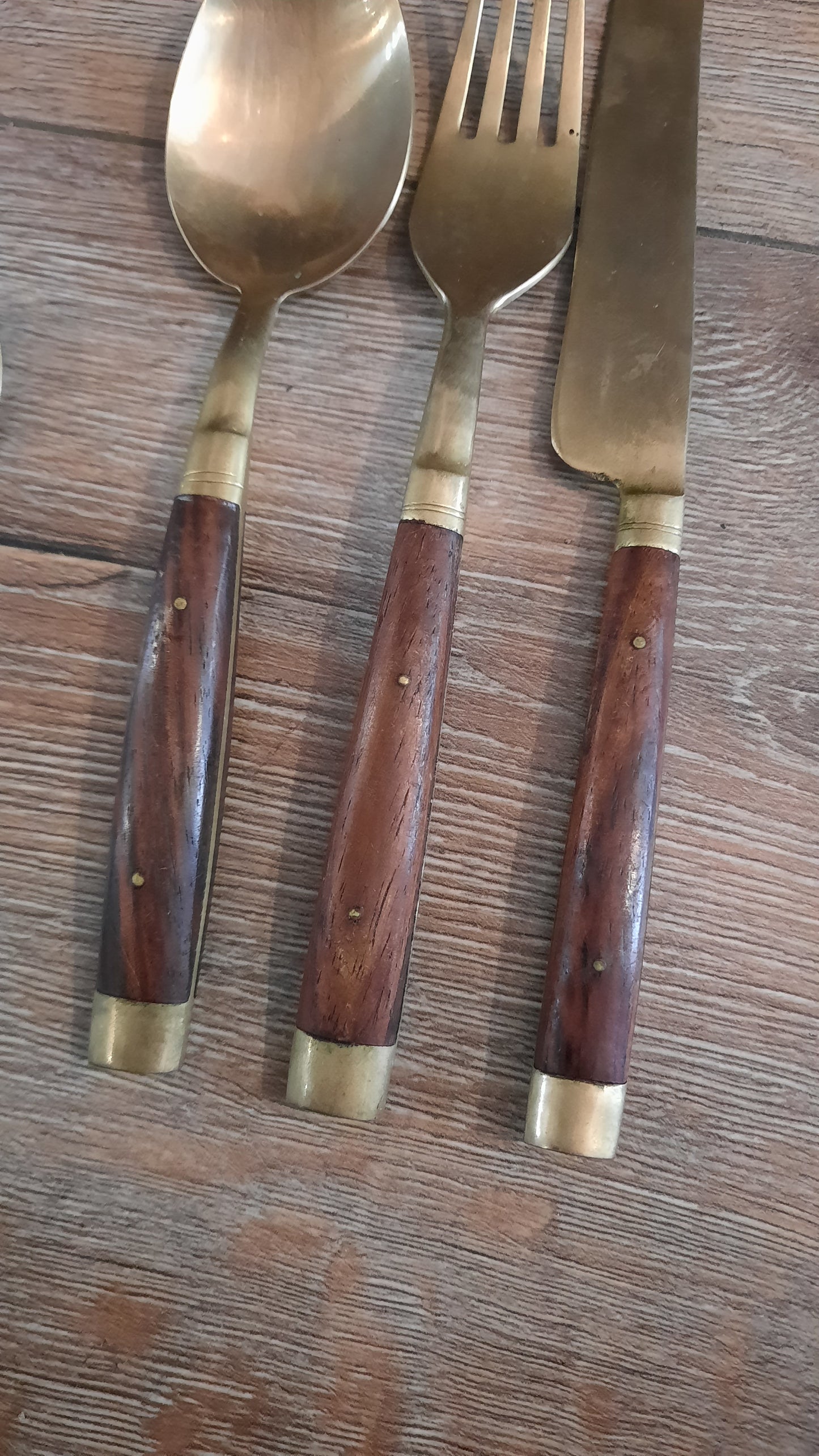 Mid-century Wood & Brass 48pc Cutlery Set