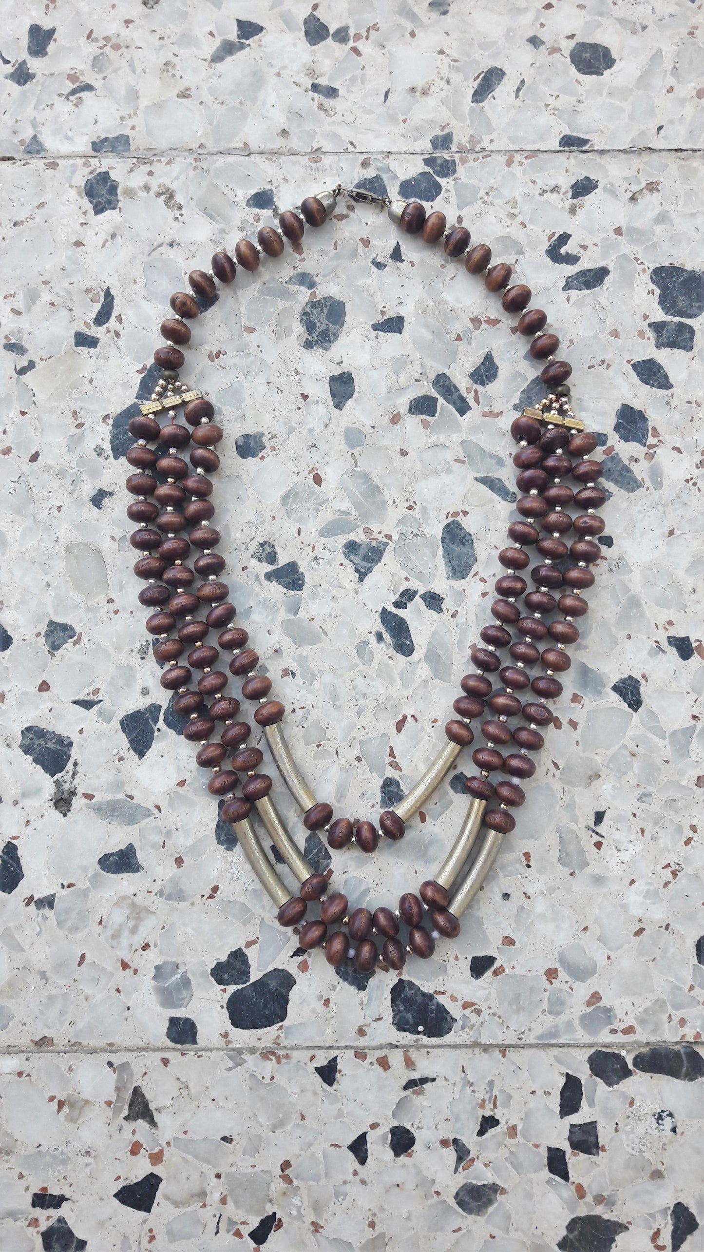 Wooden Gold Bead Multi Strand Necklace