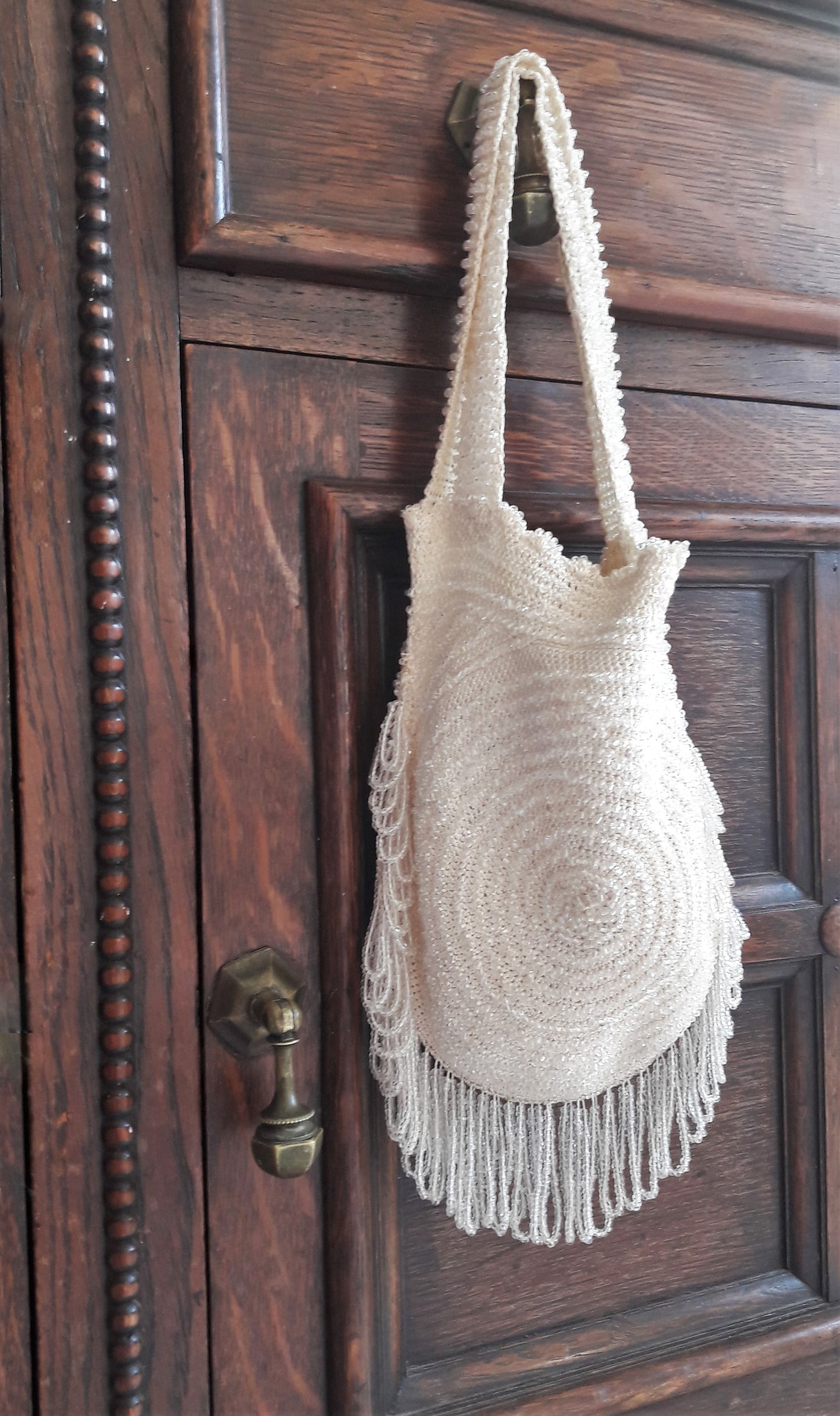 Vintage White Bead & Crochet Handbag