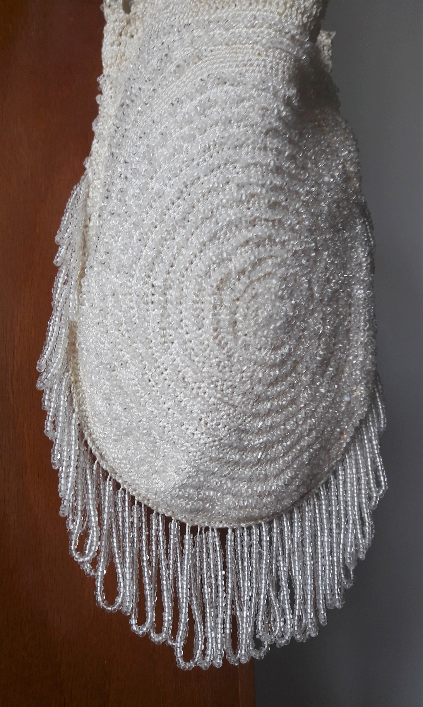 Vintage White Bead & Crochet Handbag