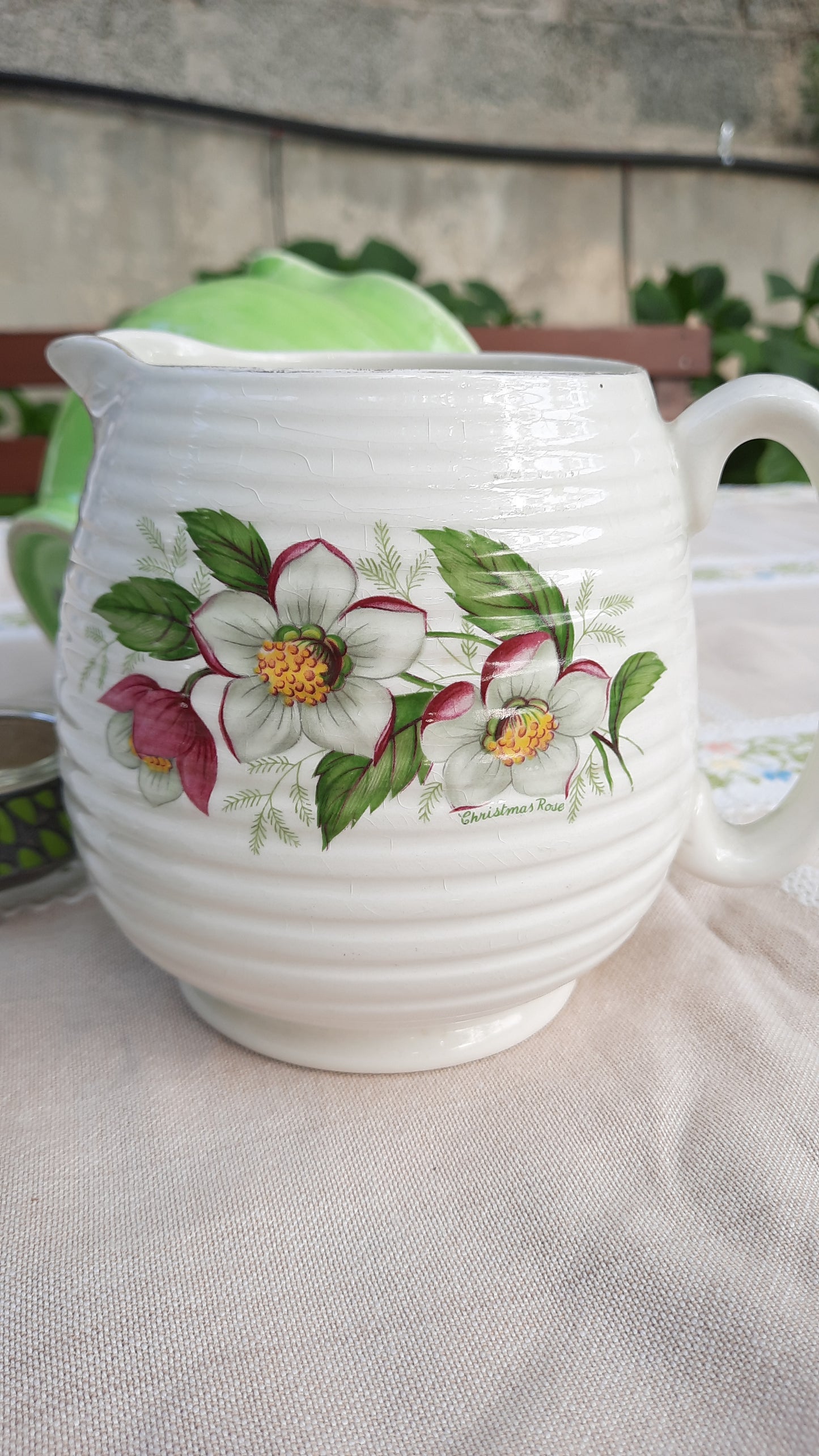 Vintage White Rose Print Water Jug Vase