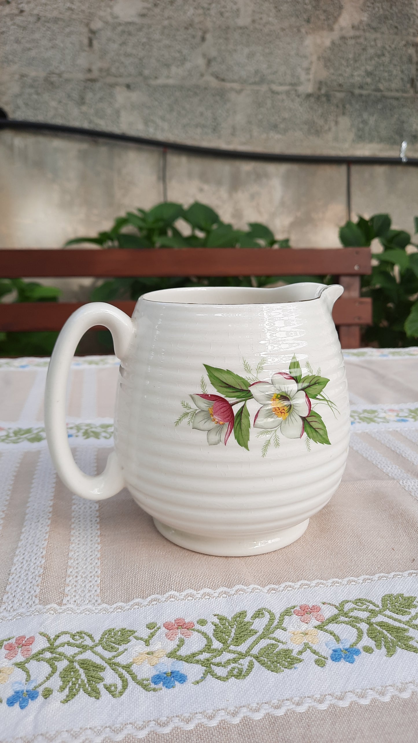 Vintage White Rose Print Water Jug Vase