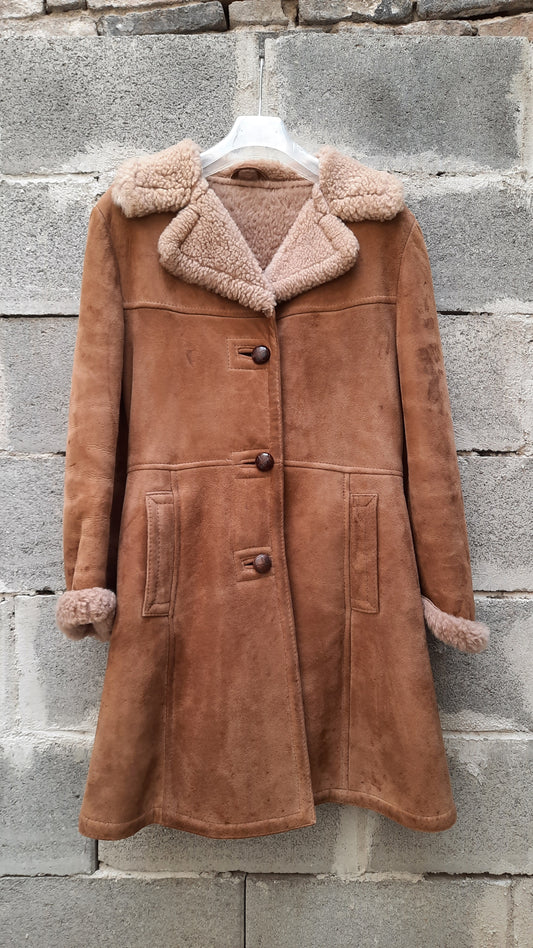 Vintage Camel Brown Leather Sheepskin Heavy Coat
