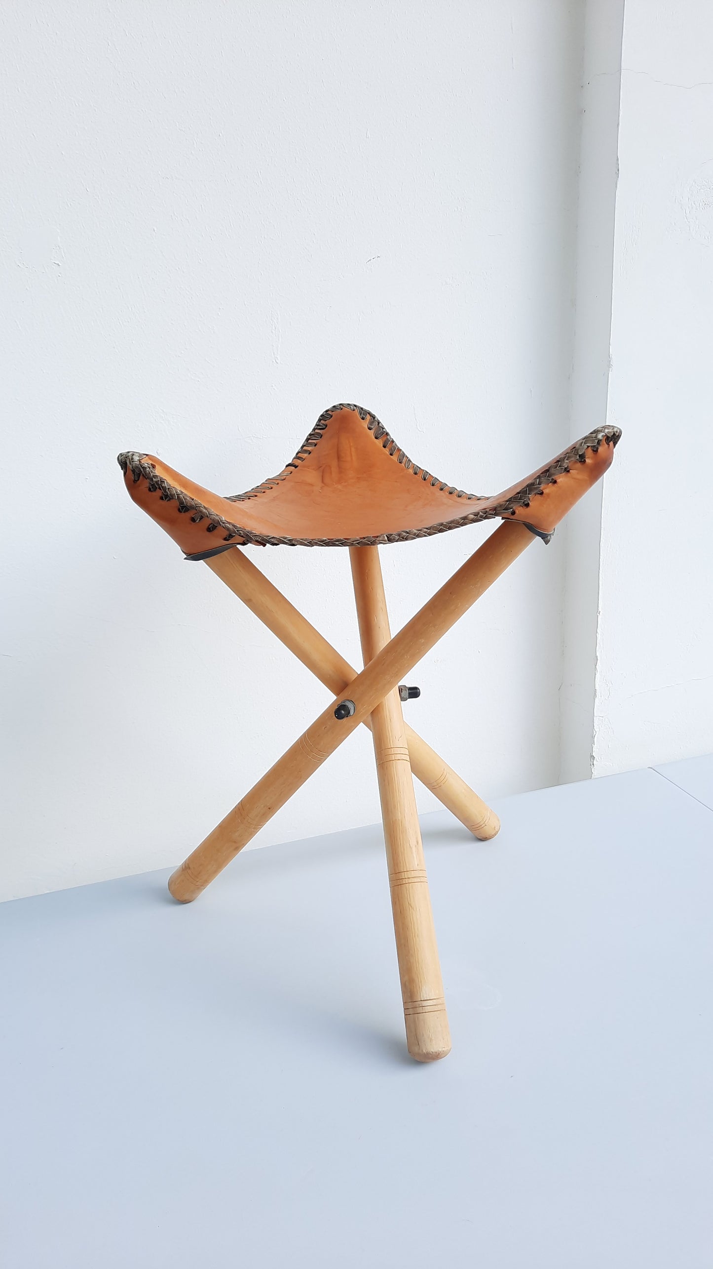 Vintage Leather & Wood Tripod Stool
