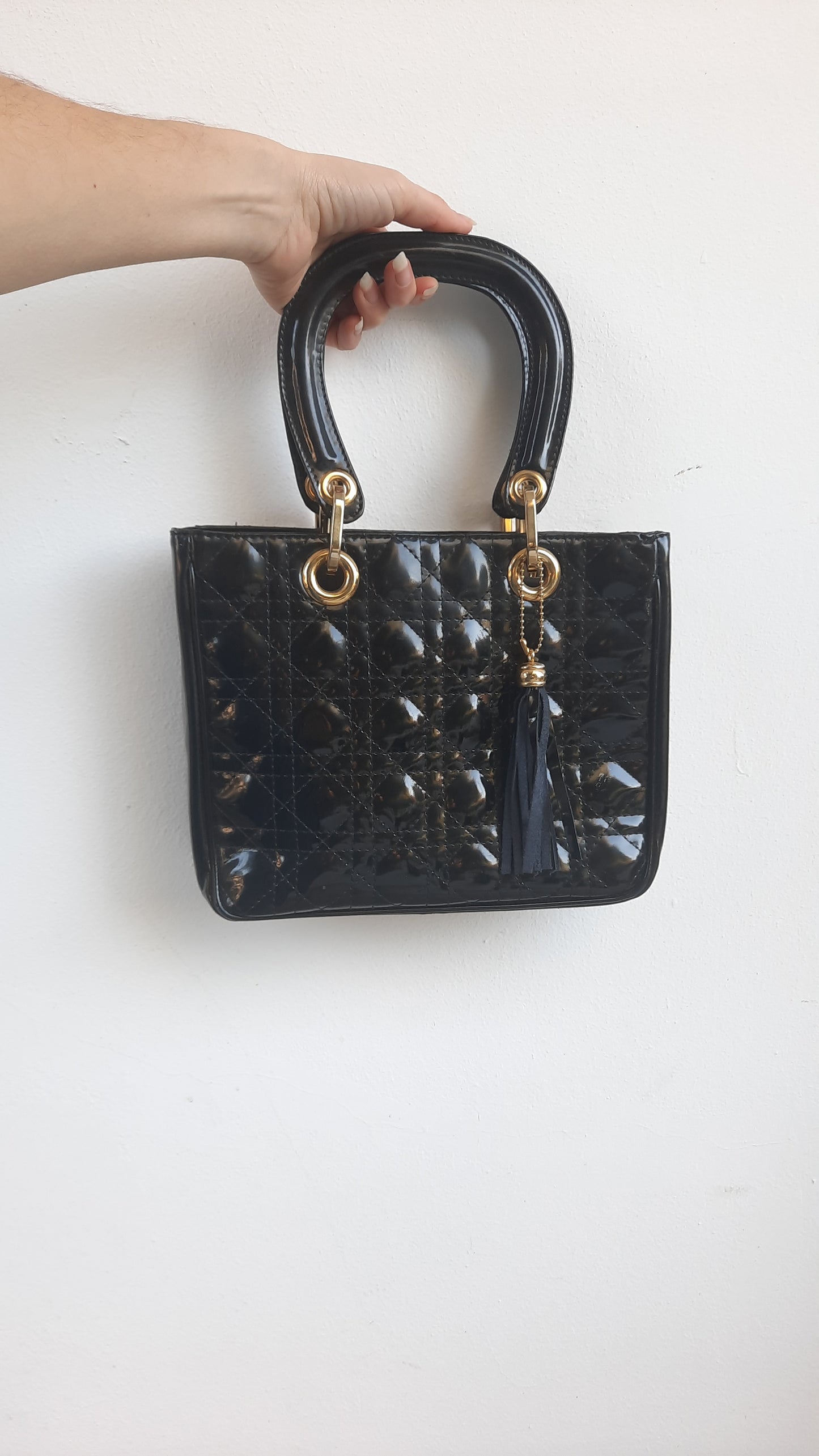 Vintage Black Patent Leather Quilted Handbag, Made in Cyprus