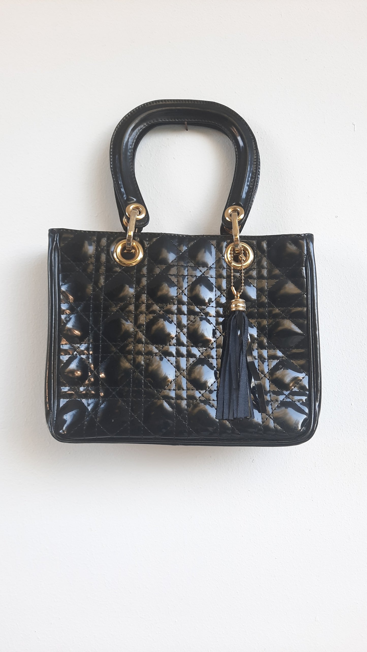 Vintage Black Patent Leather Quilted Handbag, Made in Cyprus
