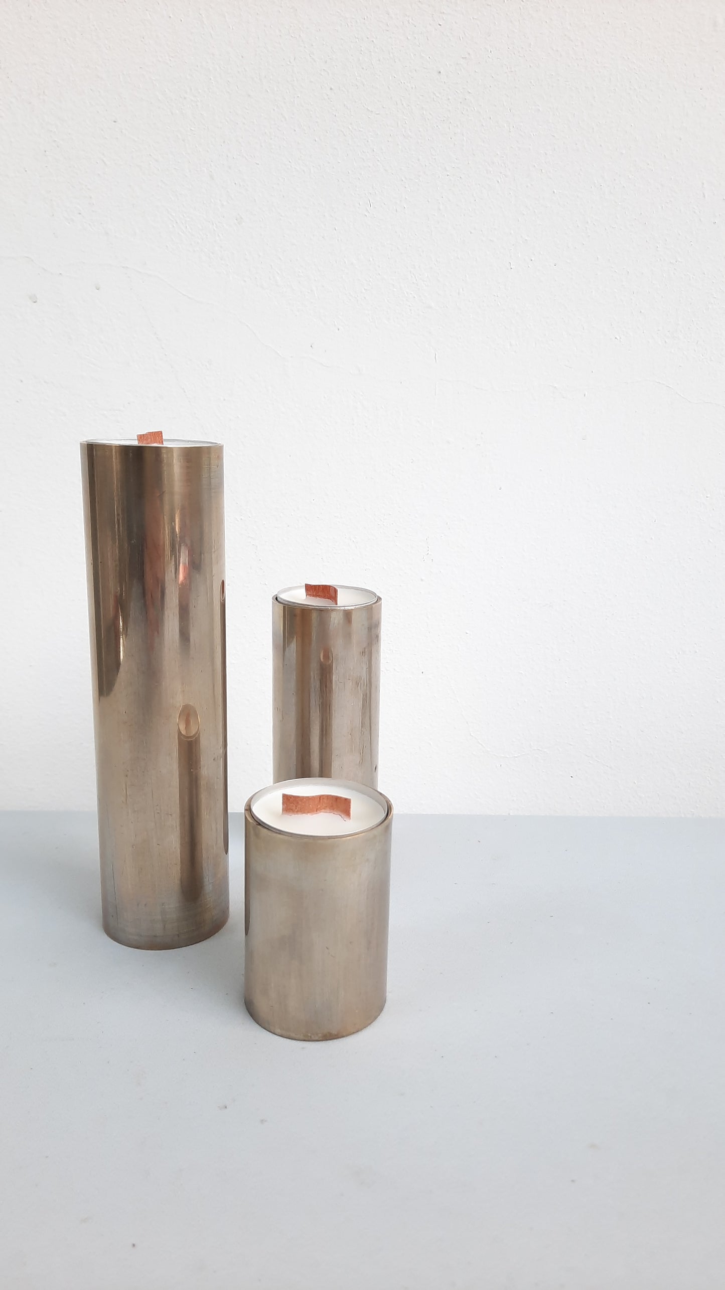 Set of 3 Mid-century Metal Cylinder Pillar Candleholders