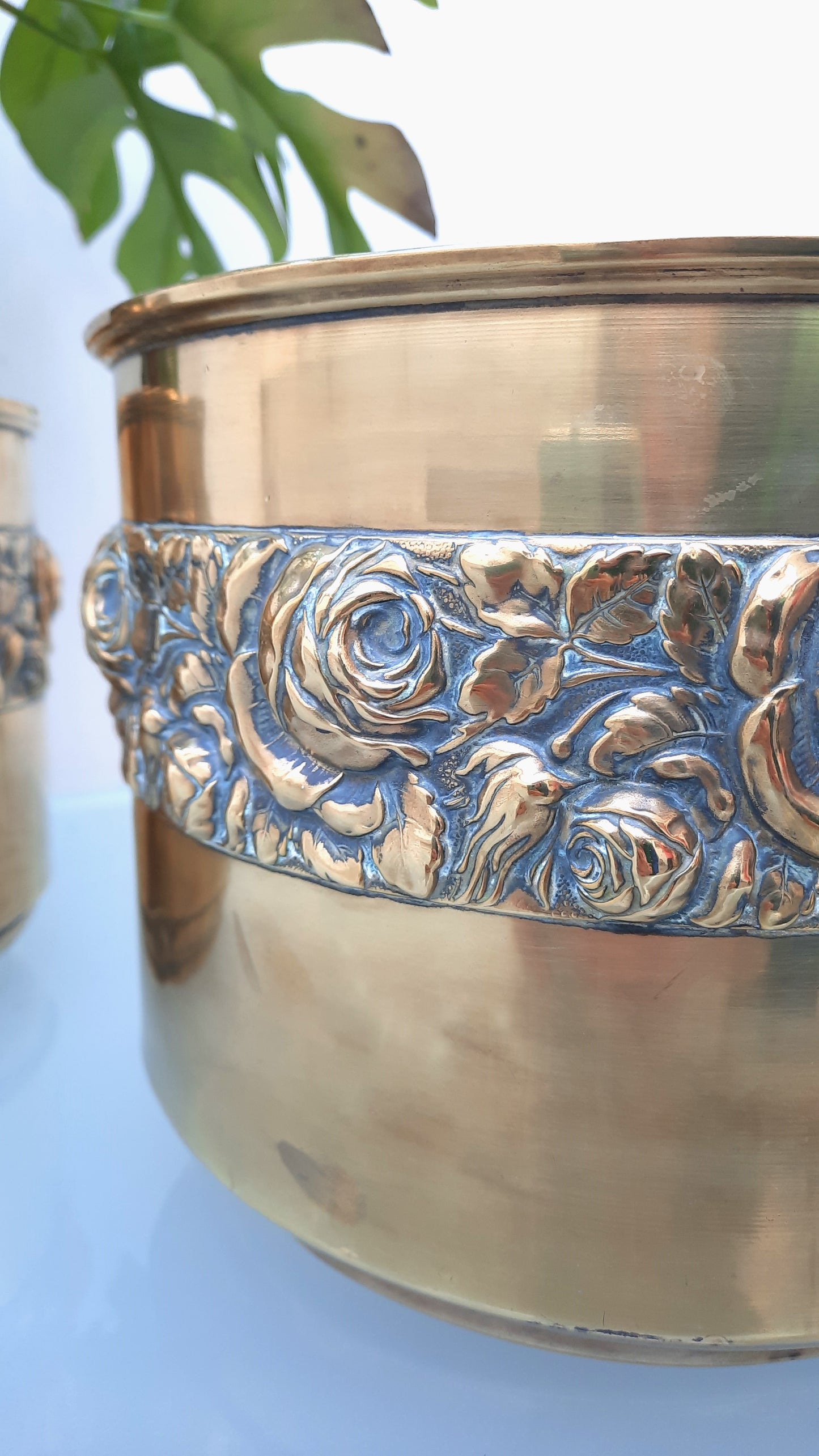 Large Brass Rose Embossed Planters