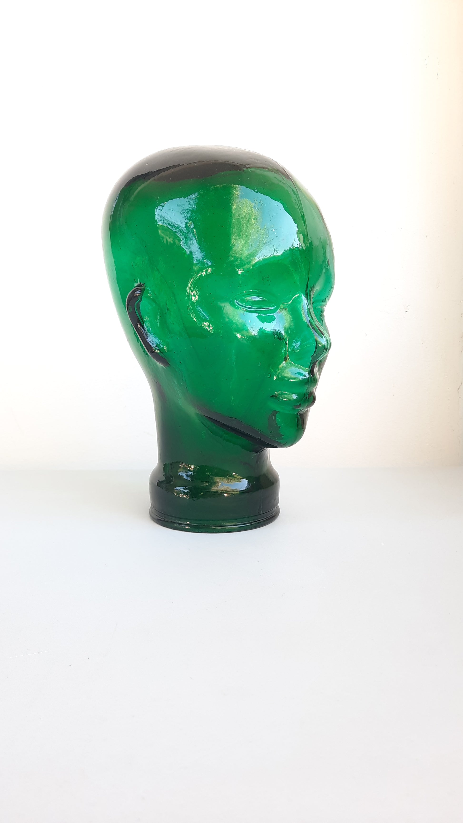 Vintage Glass Mannequin Head, 1970s Green Glass dress form head hat