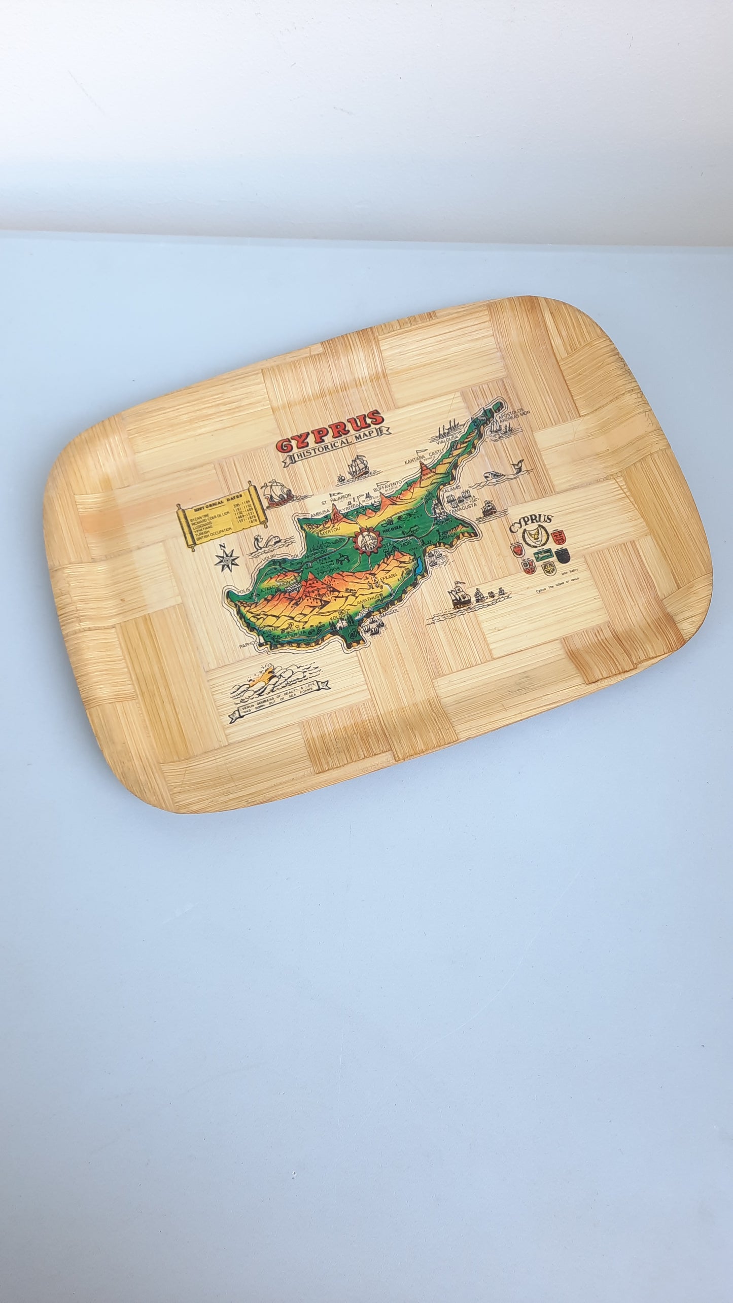 Vintage Bamboo Cyprus Map Serving Tray