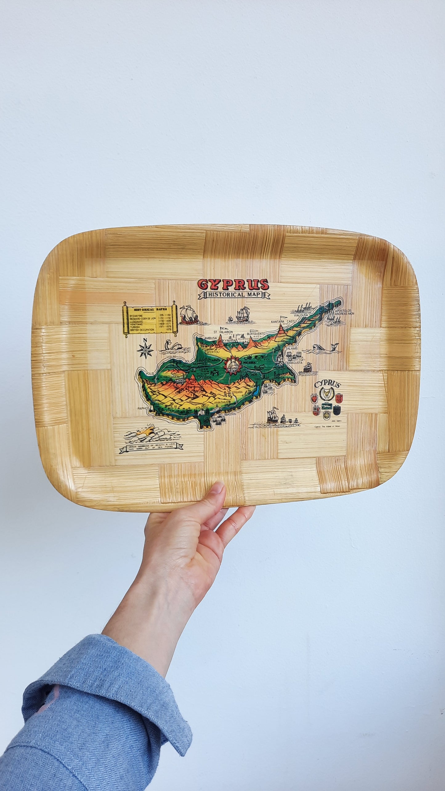 Vintage Bamboo Cyprus Map Serving Tray